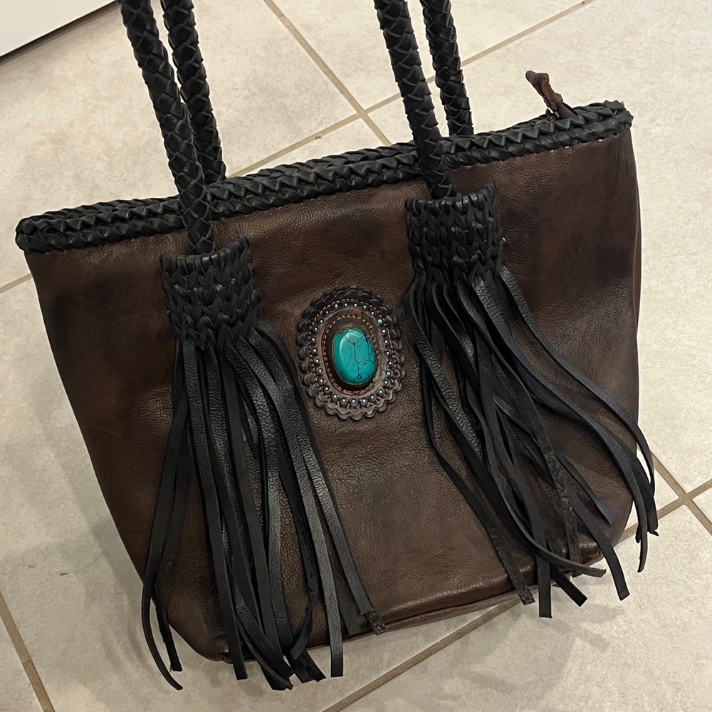 American Darling Leather Tote Bag with Fringe and Turquoise Accent
